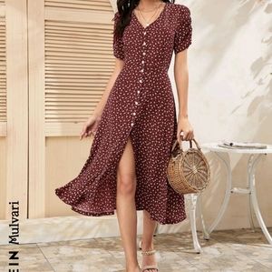 SHEIN Mulvari Ditsy Floral Button Through V Neck Dress